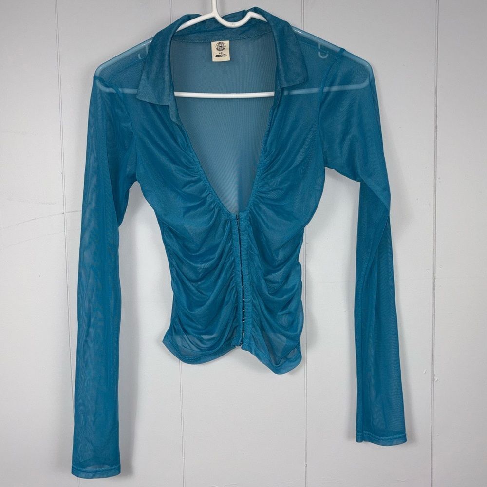 Urban Outfitters Blue Sheer Y2K Mesh Ruched Hook-Front Long Sleeve Stretch Top L